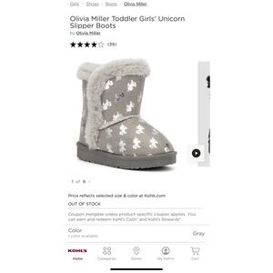 🌸✨Worn Once - Olivia Miller Toddler Girls Slipper Boots Grey Unicorns Size 9